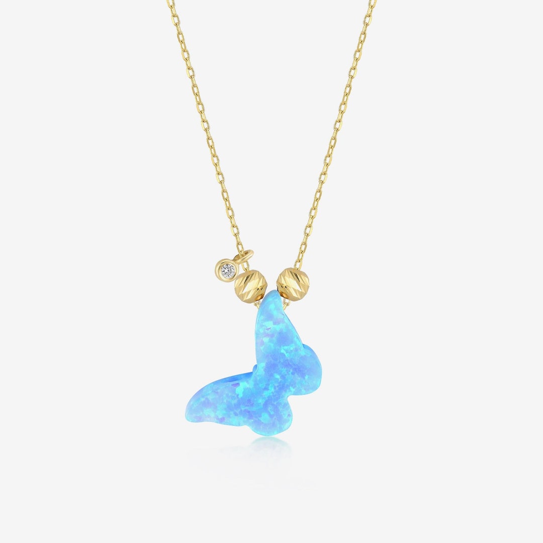 14k Gold Butterfly Necklace With Diamond Diamond Blue Opal Butterfly ...