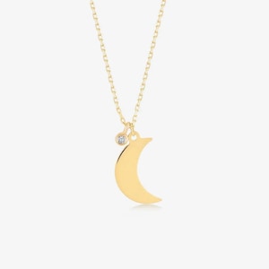 Diamond Crescent Moon Necklace: 14K Solid Gold Celestial Pendant