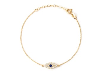 14K Gold Diamond Pave Evil Eye Bracelet: Dainty Protection Jewelry