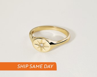 14K Solid Gold Diamond Starburst Oval Signet Ring | 14K Real Gold Star Ring | Celestial Jewelry for Women | Stacking Rings | Gift for Her