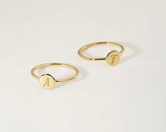 14K Solid Gold Personalized Initial Disc Ring | Letter Round Disc Stacking Ring for Women | Dainty 14K Real Gold Jewelry | Custom Gift