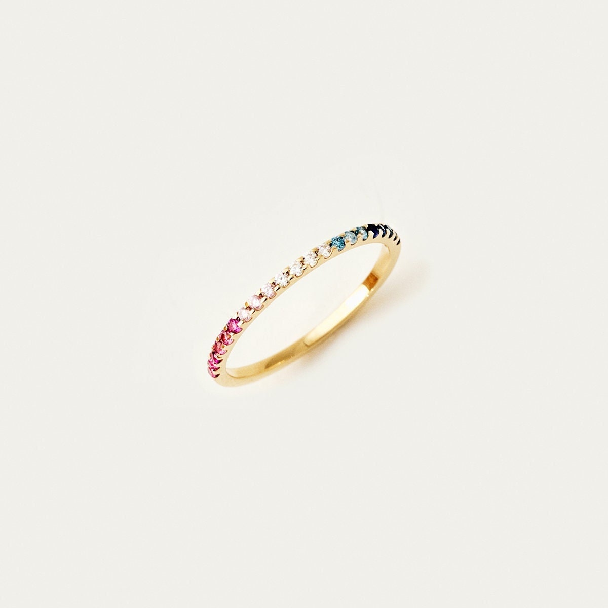 14K Solid Gold Rainbow Eternity Band: Cubic Zirconia Stacking Ring