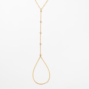 14K Solid Gold Diamond Hand Chain: Dainty Bezel Station Finger Ring Bracelet for Women