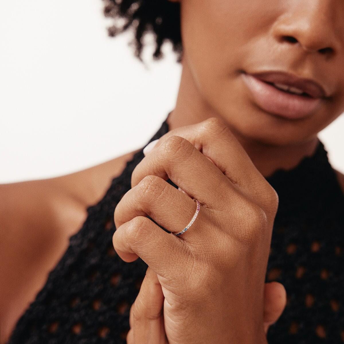 14K Solid Gold Rainbow Eternity Band: Cubic Zirconia Stacking Ring - Etsy