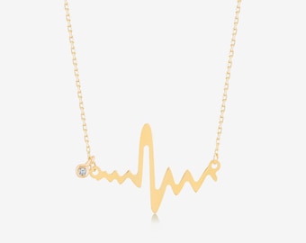 14K Gold Heartbeat Necklace: Diamond EKG Pendant