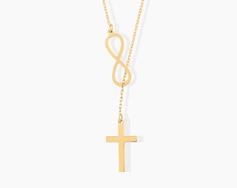 14k Solid Gold Infinity Cross Necklace: Lariat Y Necklace Religious Jewelry for Women