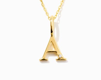 Diamond Initial Pendant: 14k Solid Gold Letter Charm, 0.01 ct Diamond