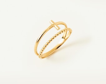 14k Gold Cross Ring / Double Band Cross / Dainty Cross Ring / Religious Ring /  Gift for Her