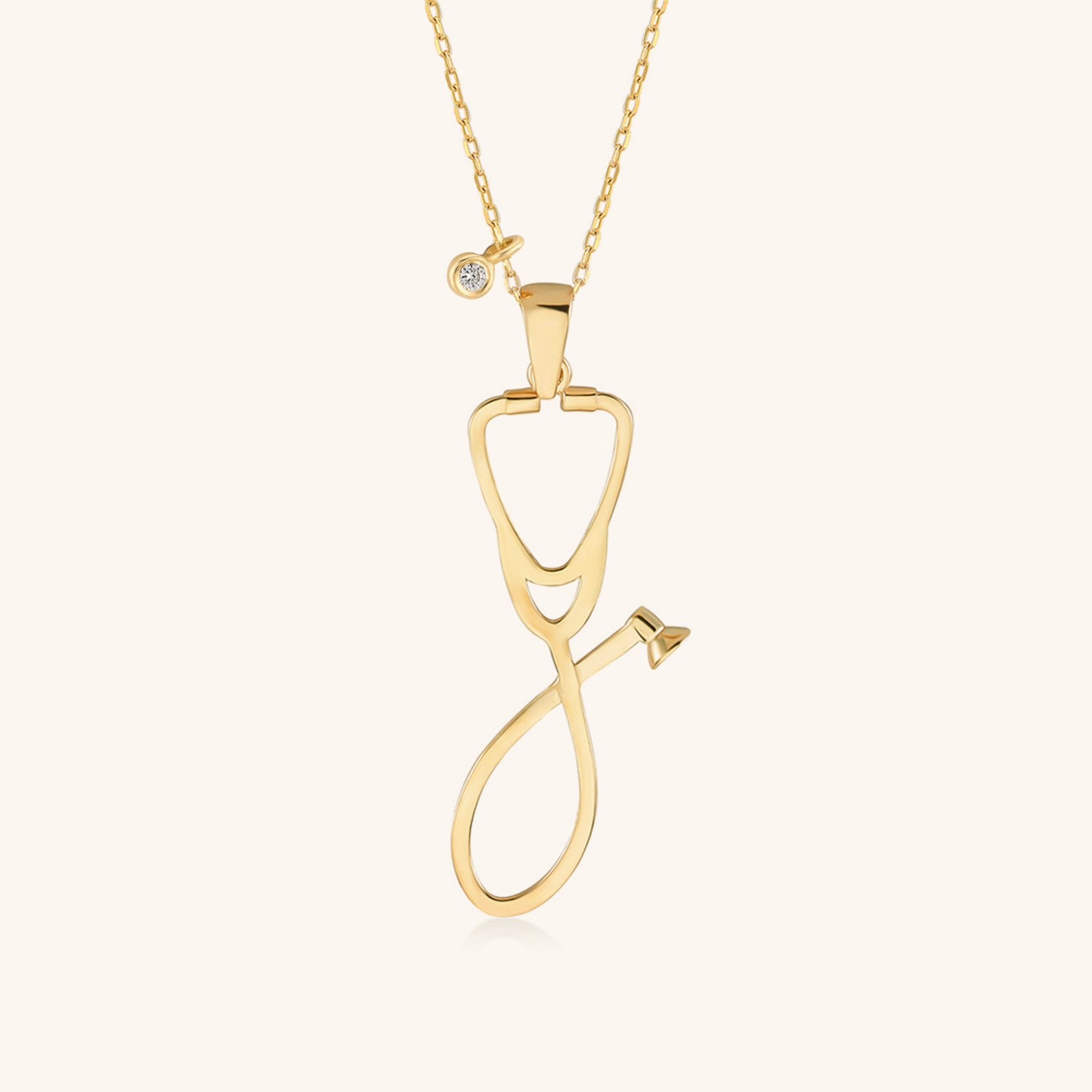Diamond Stethoscope Necklace / 14k Solid Gold Dainty Etsy