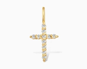 0.16 ct. Diamond Cross Charm Pendant in 14k Solid Gold: Dainty Natural Diamond Pave Cross Charm for Women