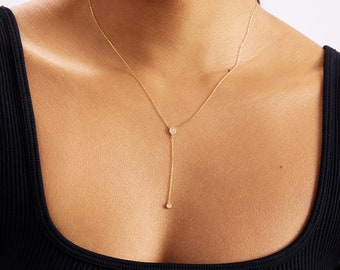 14K Solid Gold Diamond Lariat Necklace | Diamond Drop Y-Necklace | Bezel-Set Diamond Necklace for Women | Dainty Necklace | Bridesmaid Gifts