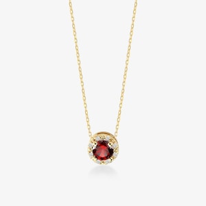 Diamond Ruby Necklace: 14k Solid Gold Diamond Halo Necklace for Women