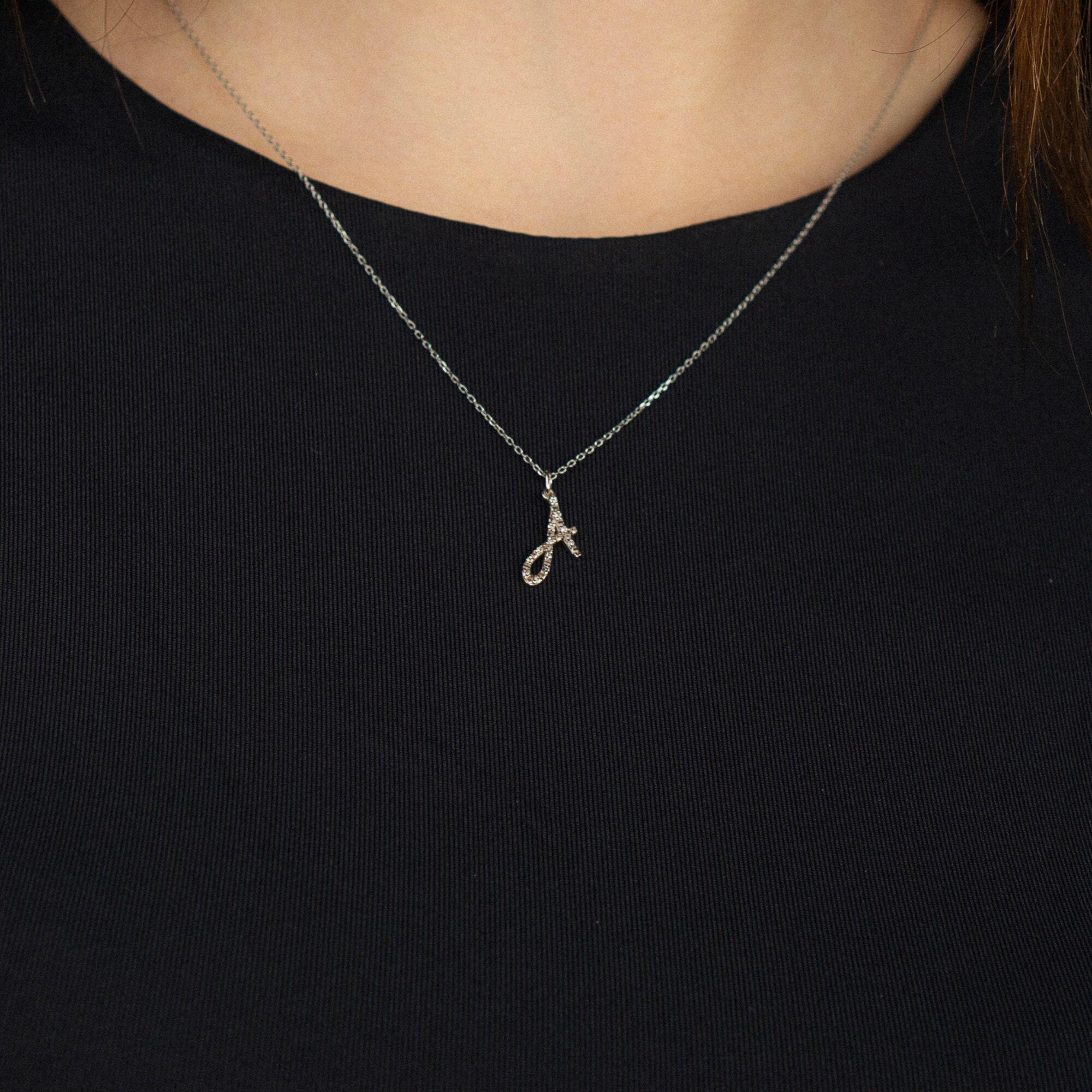 Handwrite Diamond 14K Solid Gold Diamond Personalized Cursive Initial Necklace ...