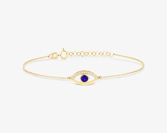 14k Gold Diamond Evil Eye Bracelet: Sapphire Good Luck Charm
