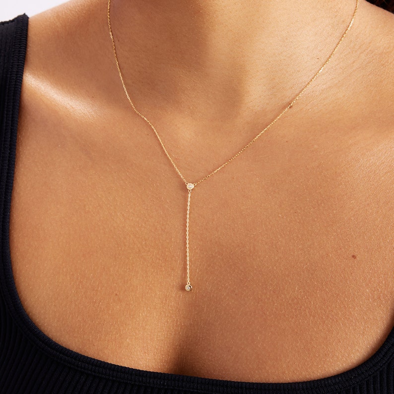 Diamond Y Necklace in 14k Solid Gold Dainty Lariat Drop Etsy