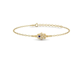 Diamond Evil Eye Hamsa Bracelet: 14K Solid Gold Minimalist Jewelry