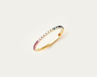 14K Solid Gold Rainbow Eternity Band: Cubic Zirconia Stacking Ring