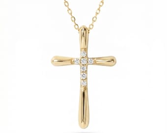 Diamond Cross Necklace in 14k Solid Gold: Dainty Puffy Cross Pendant for Women