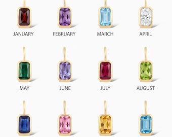 14K Solid Gold Emerald Cut Birthstone Pendant: Dainty Personalized Gemstone Necklace, Birthday Gift for Mom or Her
