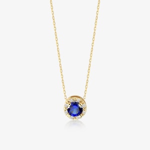 14k Gold Diamond Sapphire Halo Necklace | Diamond Necklace for Women | Diamond Blue Sapphire Pendant | September Birthstone | Birthday Gifts