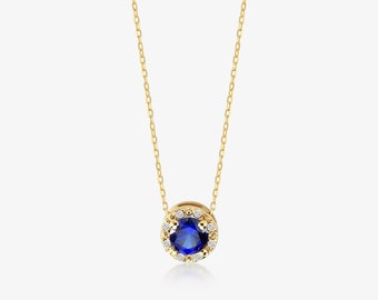 14k Gold Diamond Sapphire Halo Necklace | Diamond Necklace for Women | Diamond Blue Sapphire Pendant | September Birthstone | Birthday Gifts