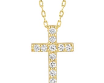 Diamond Cross Necklace in 10k or 14k Solid Gold: Dainty Pave Pendant for Women