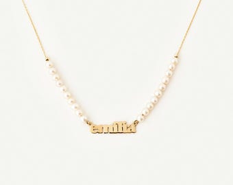 Custom Pearl Name Necklace: 14K Solid Yellow Gold Personalized Jewelry