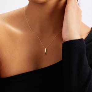 14k Gold Diamond Vertical Bar Necklace Real Diamond Bar Pendant in 14k Gold 14k Solid Gold Rectangular Shaped Bar Necklaces for Women image 4