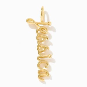May include: A vertical gold-toned metal pendant featuring the name Jessica written in a continuous cursive script. The design includes a small circular jump ring at the top for attachment and a polished finish that reflects light across the letters.