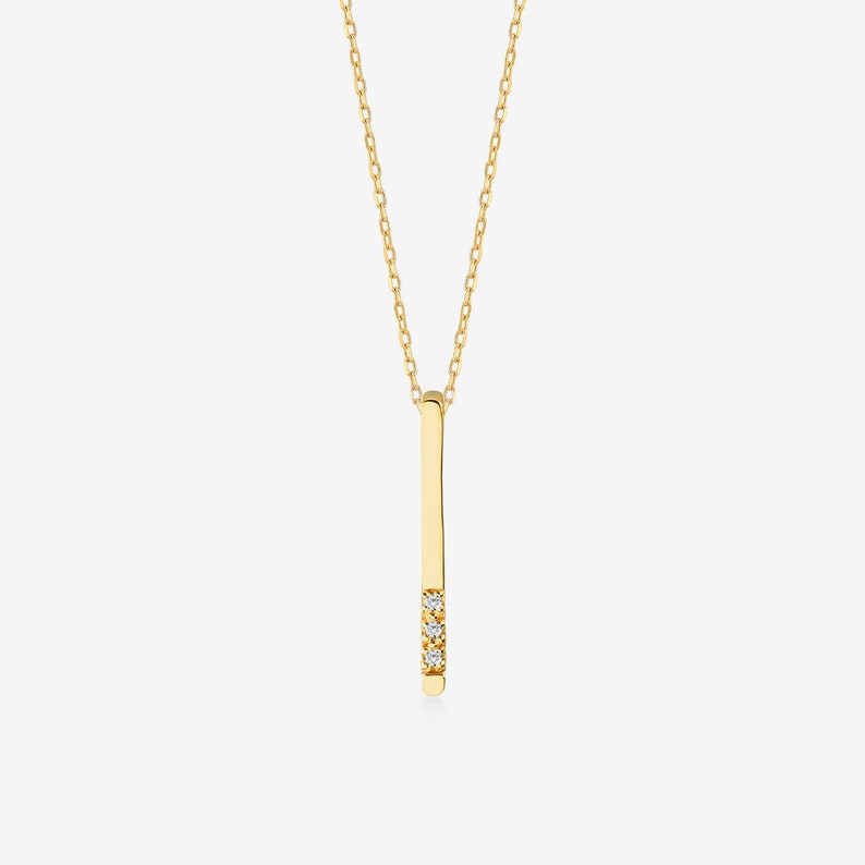 14k Gold Diamond Vertical Bar Necklace Real Diamond Bar Pendant in 14k Gold 14k Solid Gold Rectangular Shaped Bar Necklaces for Women image 6