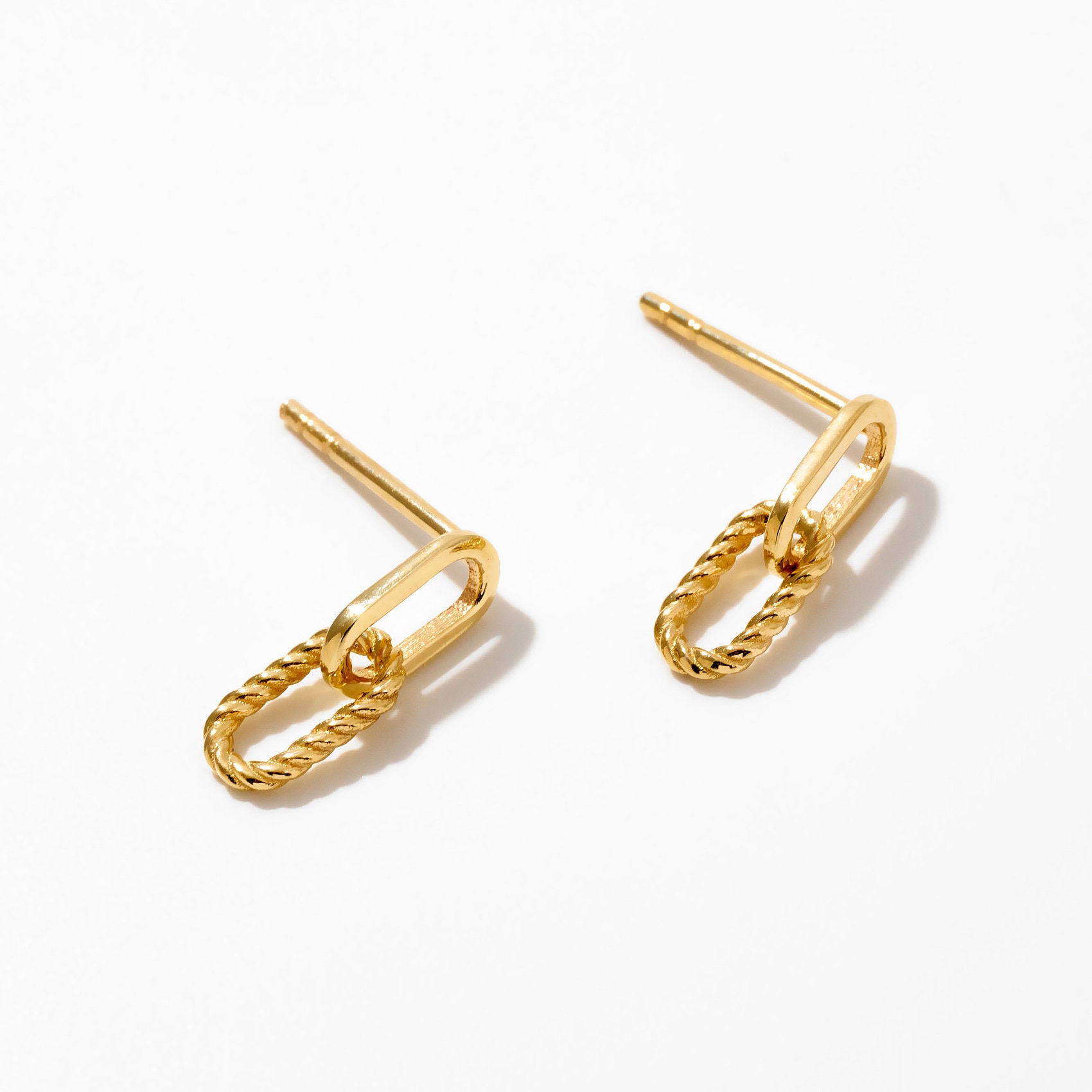 14K Solid Gold Paperclip Earrings: Dainty Double Link Dangle