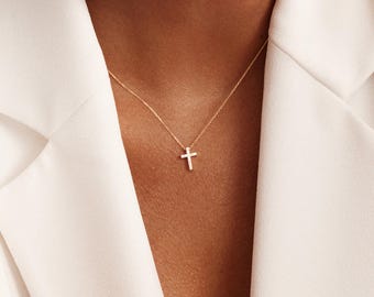 Diamond Cross Necklace in 10k or 14k Solid Gold: Dainty Pave Pendant for Women