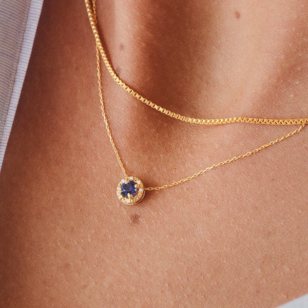 14k Gold Diamond Sapphire Halo Necklace | Diamond Necklace for Women | Diamond Blue Sapphire Pendant | September Birthstone | Birthday Gifts