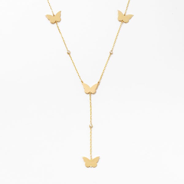 14K Gold Diamond Butterfly Y-Necklace: Dainty Handmade Jewelry