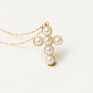 14K Solid Gold Pearl Cross Necklace: Real Gold Cross Necklace for Women