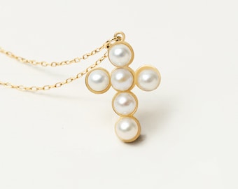 14K Solid Gold Pearl Cross Necklace: Real Gold Cross Necklace for Women