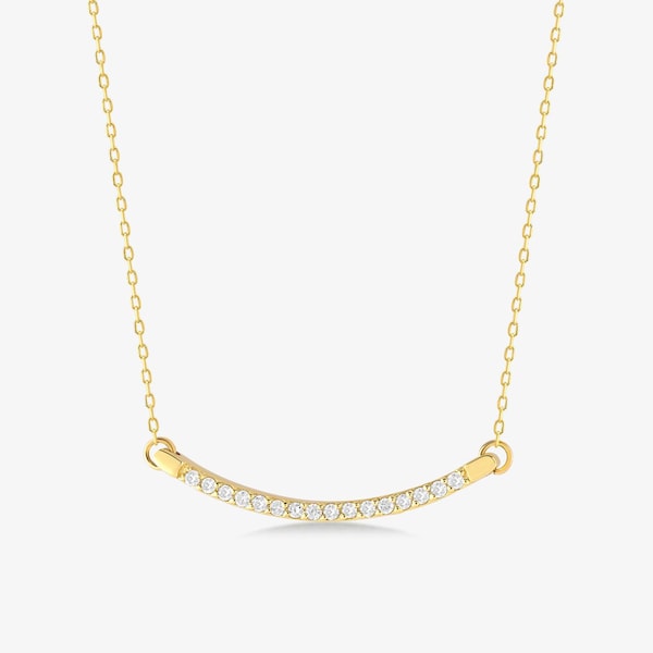 Diamant geschwungene Bar Halskette in 14k Massivgold | 14k Gold Diamant Pave Bar Anhänger Halskette für Frauen | 14k Gold Schmuck | Gelin Diamant