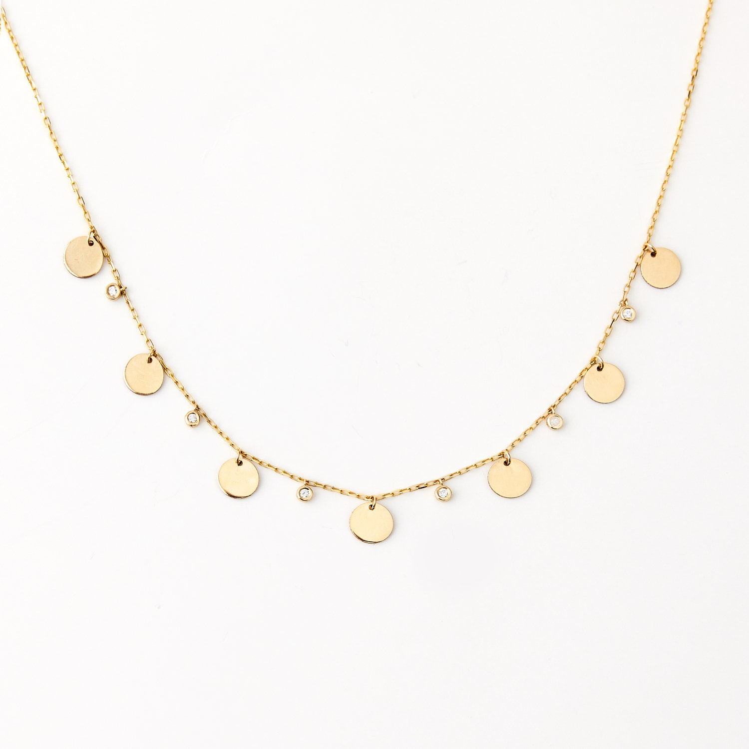 14K Gold Diamond Disc Station Necklace: Bezel Set Choker