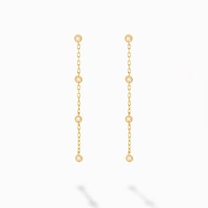 Diamond Chain Drop Earrings in 14k Solid Gold: Dainty Bezel Station Dangle Earrings