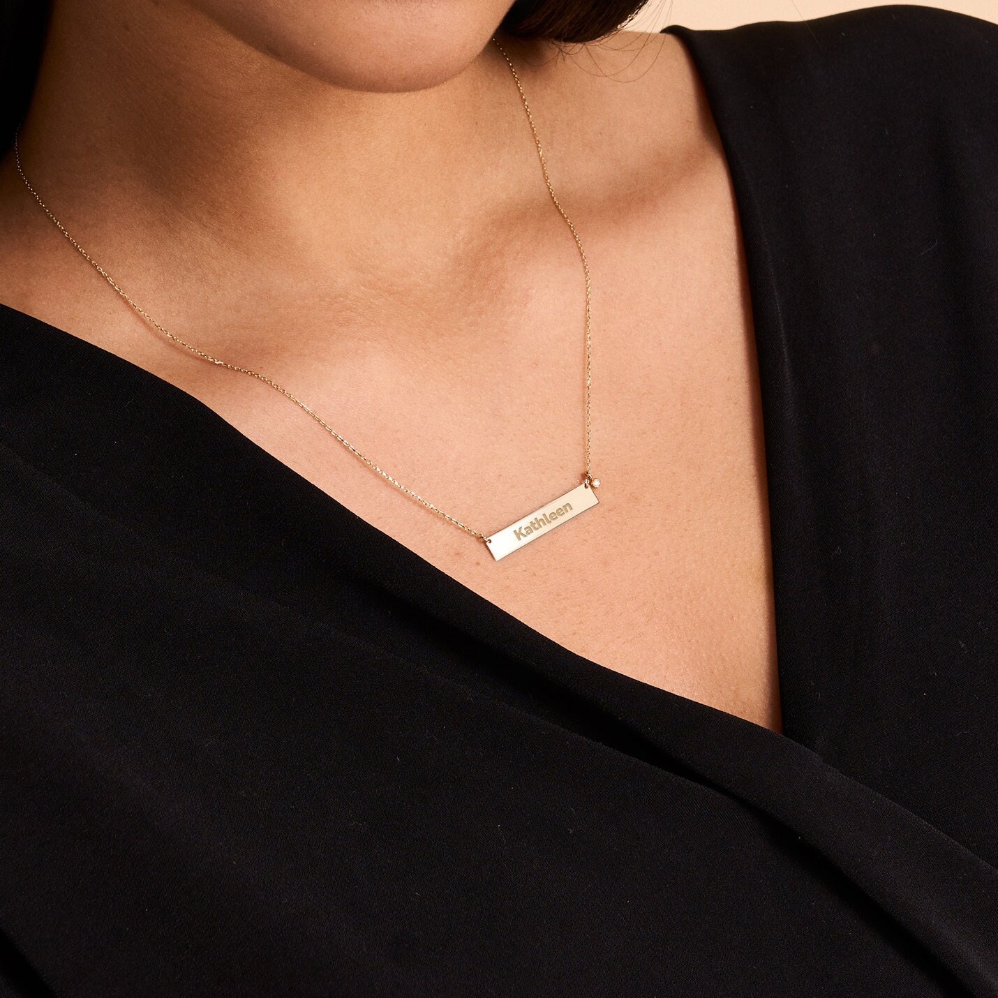14k Solid Gold Bar Necklace Diamond 