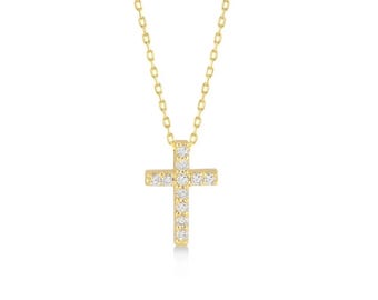 Diamond Cross Necklace in 10k or 14k Solid Gold: Dainty Pave Pendant for Women