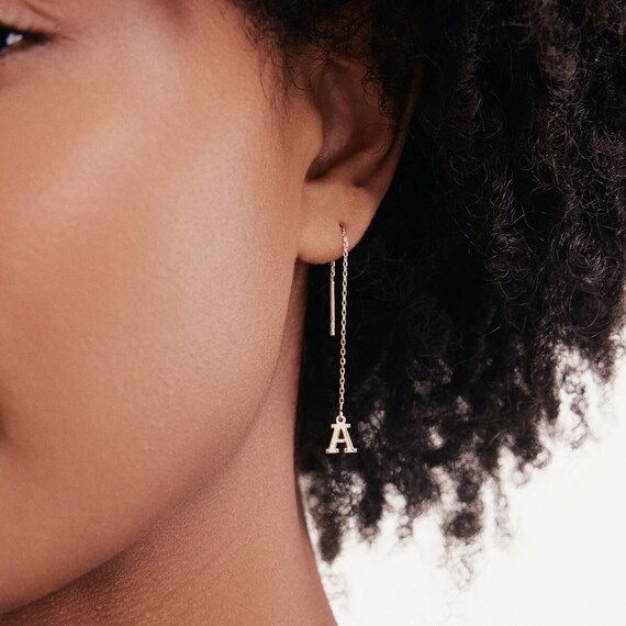 14K Solid Gold Custom Initial Threader Earrings for Women Dainty