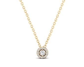 14k Gold Diamond Halo Necklace | Round Pave Pendant for Women