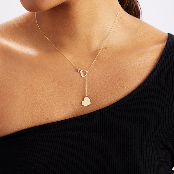 Diamond Heart Y necklace in 14k Solid Gold Heart Pendant Necklace