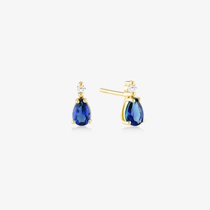 14k Solid Gold Diamond & Sapphire Earrings - Teardrop Studs