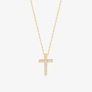 Diamond Cross Necklace in 10k or 14k Solid Gold: Dainty Pave Pendant for Women