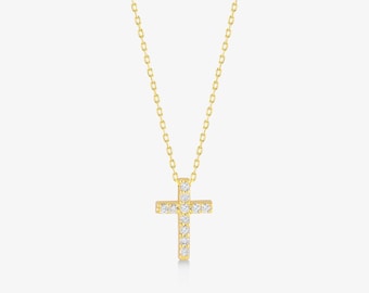 Diamond Cross Necklace in 10k or 14k Solid Gold: Dainty Pave Pendant for Women