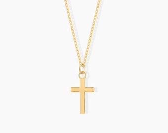 14k Solid Gold Cross Necklace: Dainty Plain Cross Pendant Necklace for Women