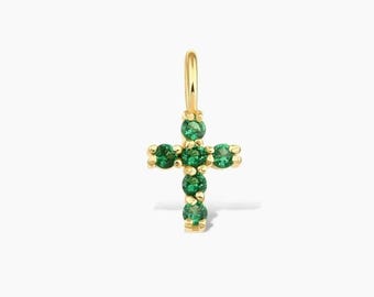 Birthstone Cross Pendant: May Green Stone - Solid Gold Charm
