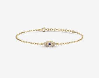 Pulsera de oro de 14 quilates con pavé de diamantes y ojo malvado: delicada joya protectora